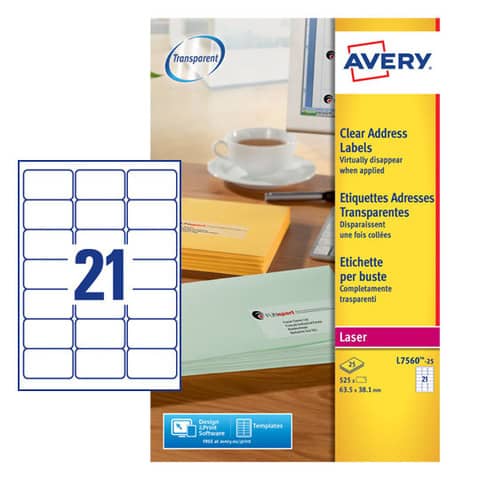 Etichette poliestere trasparenti lucide AVERY QuickPEEL™ 63,5x38,1 mm - 21 et/foglio - laser conf. 25 ff L7560-25